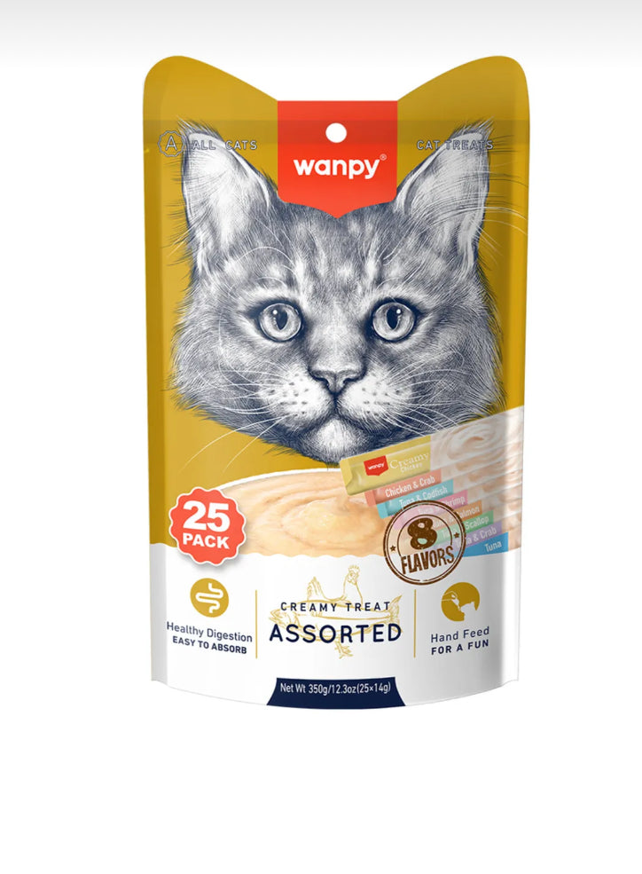 Wanpy Creamy Treat - Krem Ödül Maması Wanpy Karışık 8 Lezzetli Krema Kedi Ödülü 25*14 gr